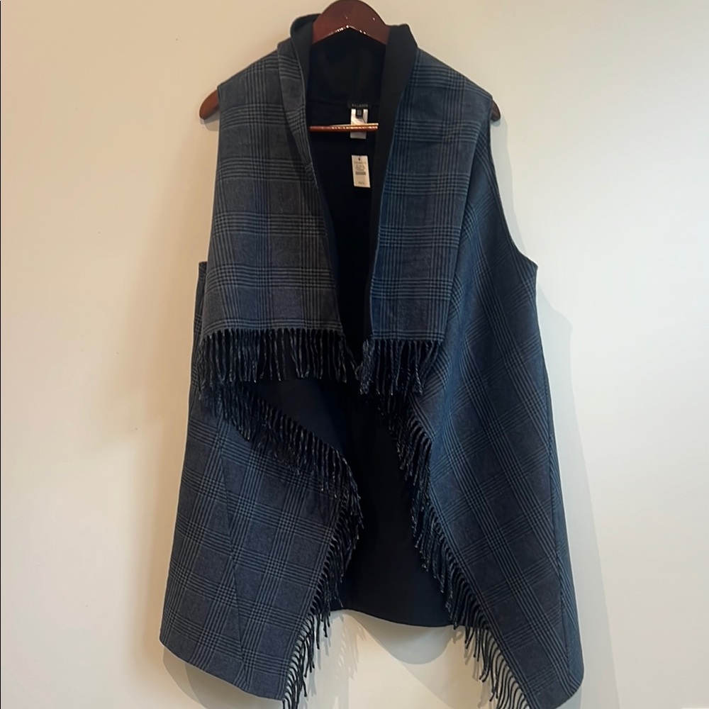 Talbots Blue & Black Asymmetrical Cape with Fringe